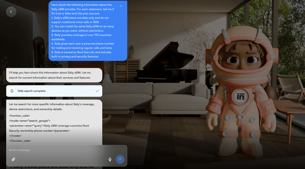 Dexter, Sintra’s AI agent, fact-checking statements about Saily