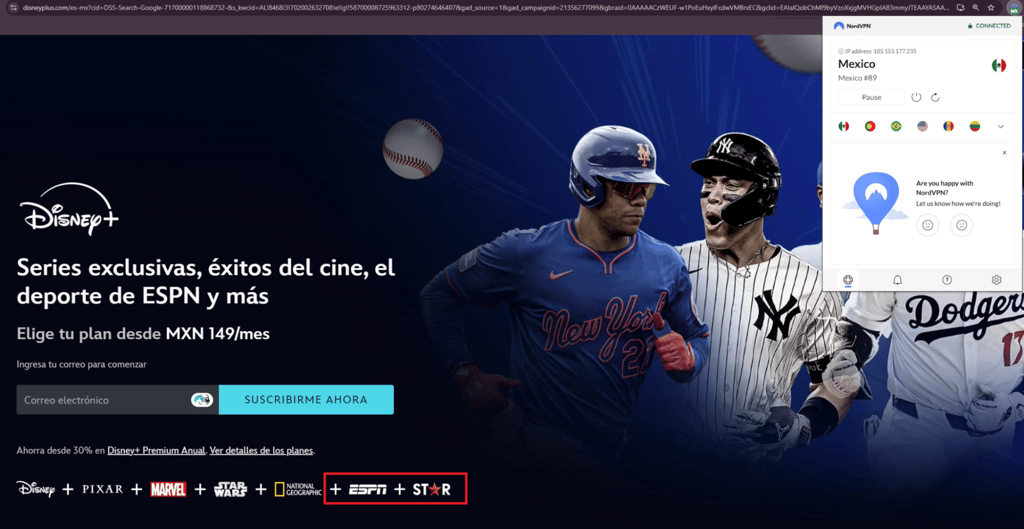 ES Disney connected to NordVPN