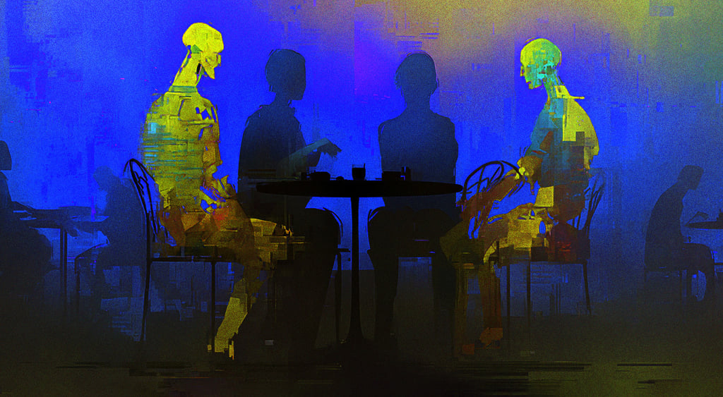 two oil painted yellow ai bots with two humans at a table, dark blue