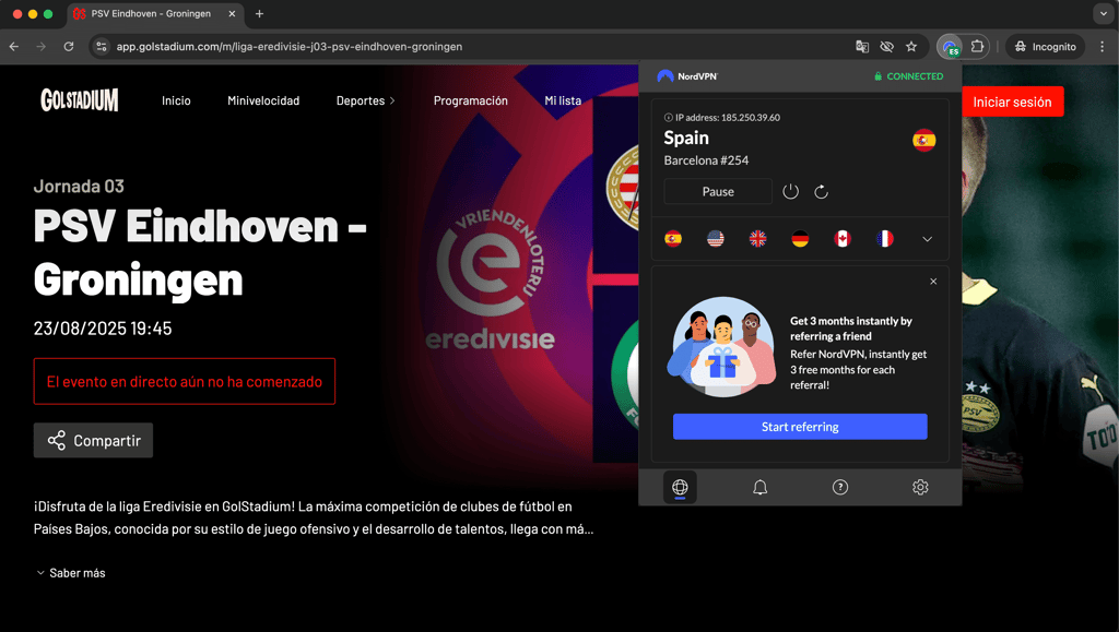 Screenshot vom Eredivisie Gratis-Livestream mit NordVPN im Vordergrund