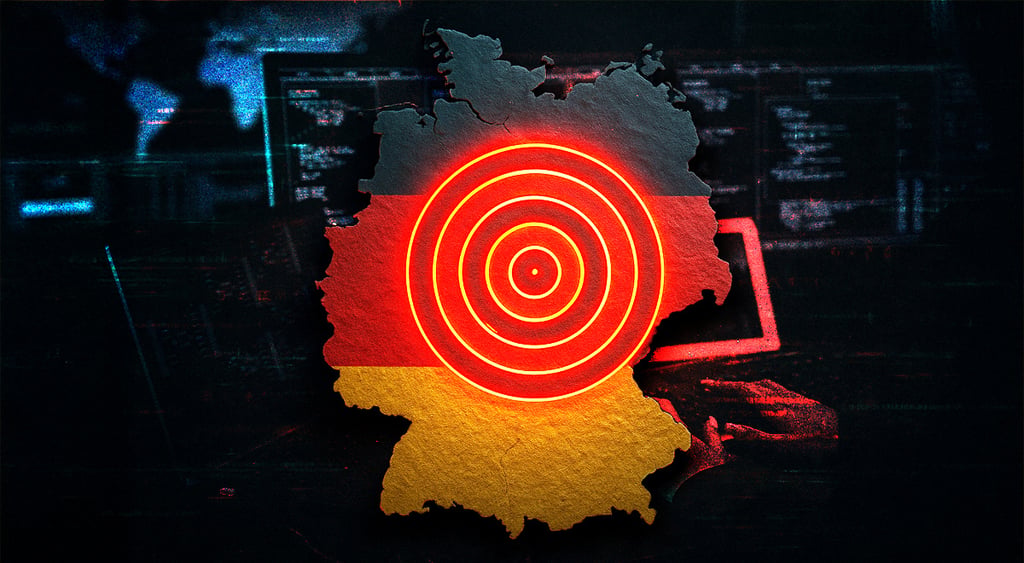 map of germany, black, red and yellow flag, red target, blue computer screen