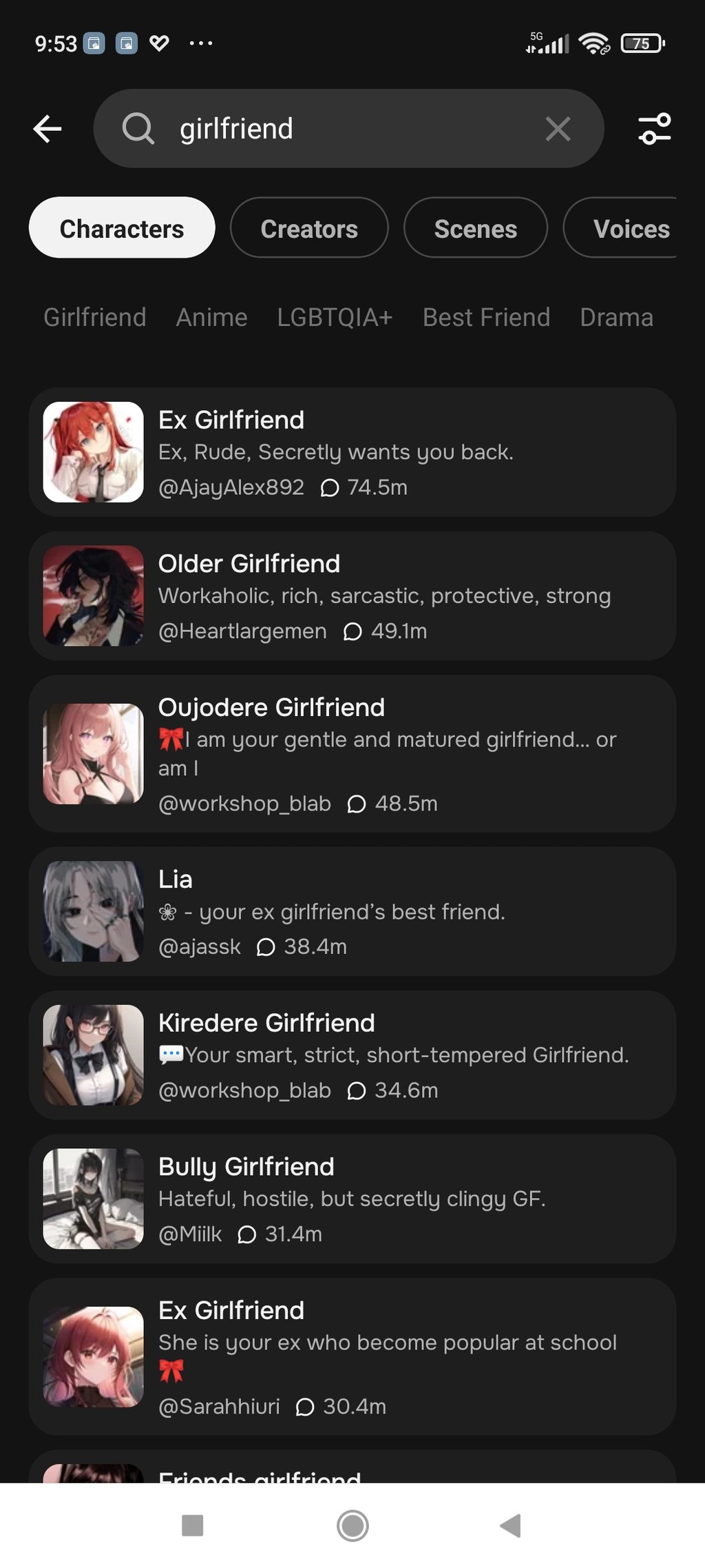 A list of girlfriend options on the character.ai app.