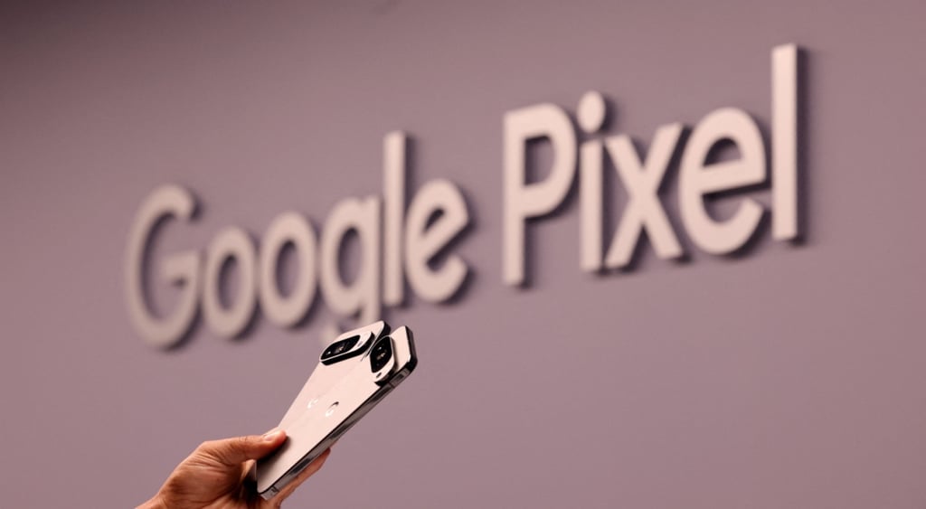 google pixel phone in front of google pixel sign in white hand