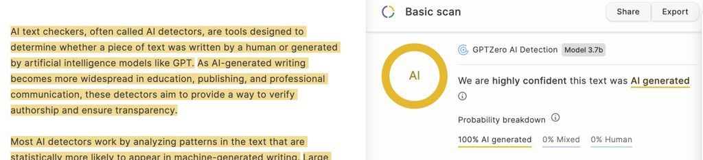 GPTZero 100% AI-written text test results