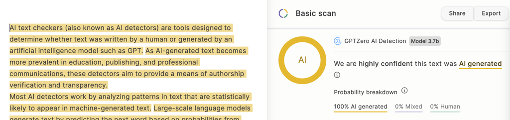 GPTZero test results after translation and back translation processes using Google Translate