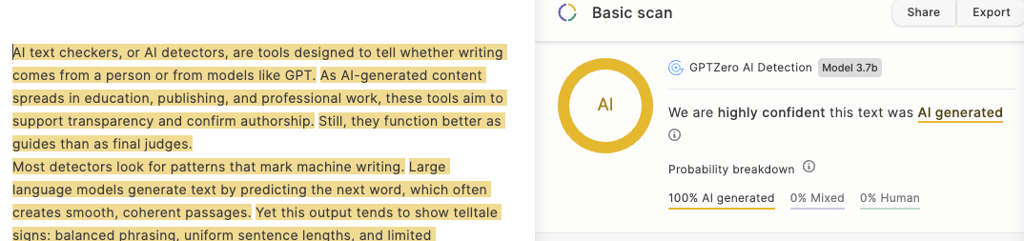 GPTZero test results after paraphrasing the text using AI