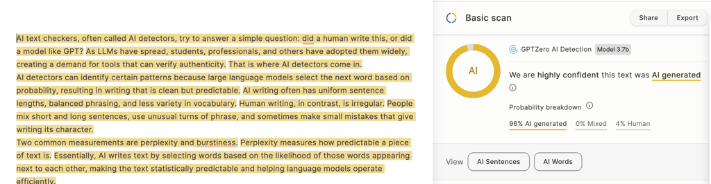 GPTZero test results after adding human-written segments