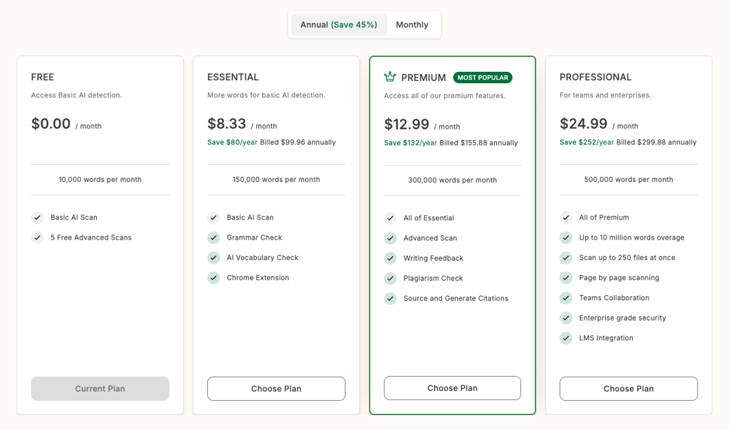GPTZero’s pricing for annual plans as of August 2025