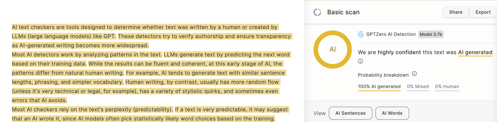 GPTZero test results after random text changes by a human