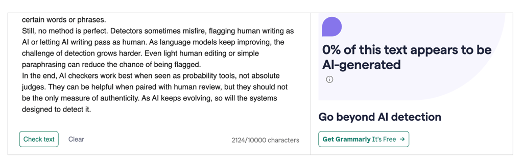 Grammarly test results after adding human-written segments