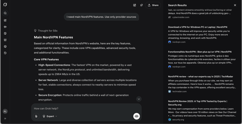 Grok 4’s answer about NordVPN’s features and sources used