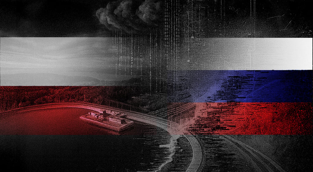 hydropowerplant, russian nad polish flags, white numbers, smoky background, black clounds