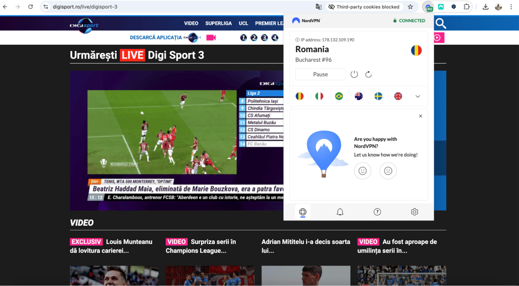 Digi Sport 3 upplåst med NordVPN