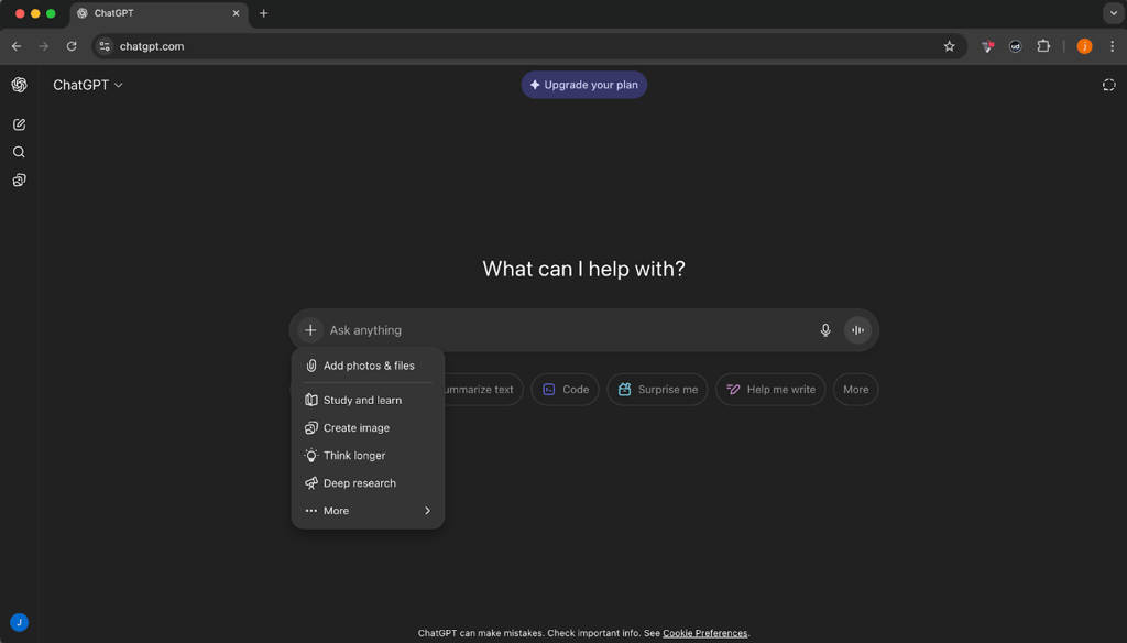 Locating ChatGPT Study Mode in its interface