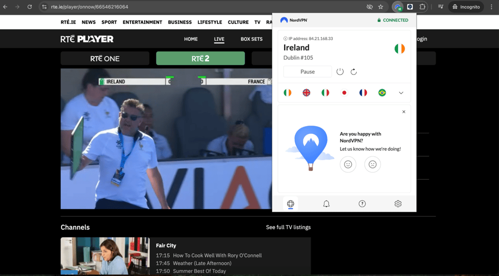 RTE 2 unblocked with NordVPN