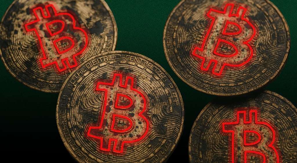 four bitcoins inked and dirty, red outlines, green background