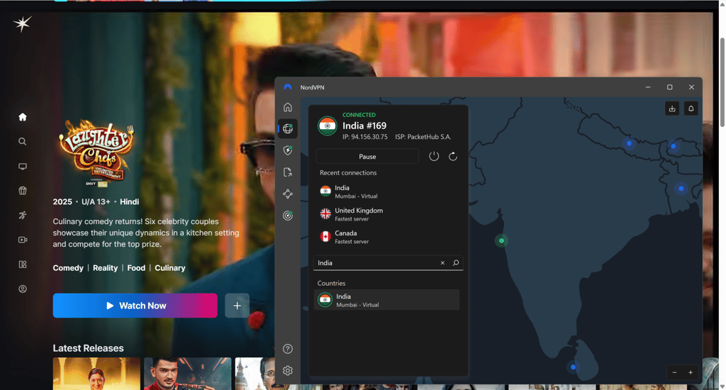 Streaming JioHotstar in India with NordVPN enabled