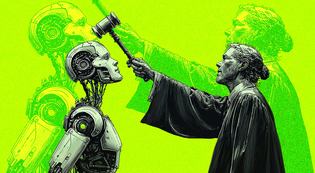 profile of a silver bot, profile of a judge with hammer, lime green