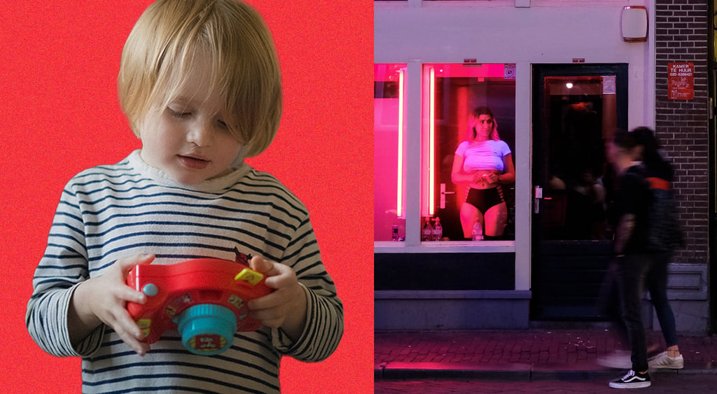 blonde kid, red toy, girl behind the window, white shirt, black undies, white building