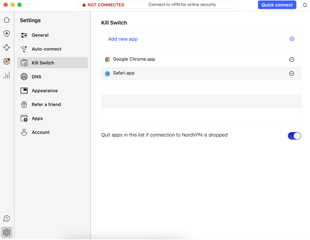 Kill switch NordVPN enabled
