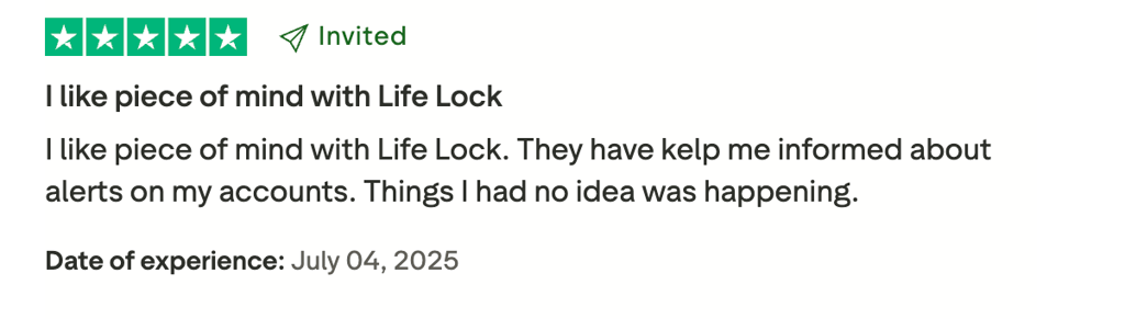 LifeLock user review on TrustPilot