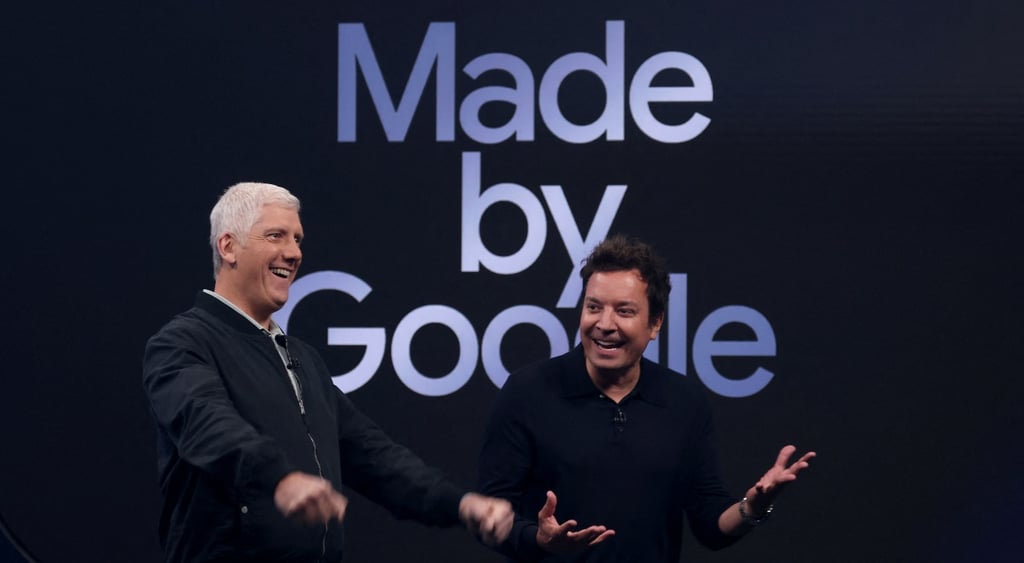 made by google blue sign, jimmy fallon smiling, black shirt