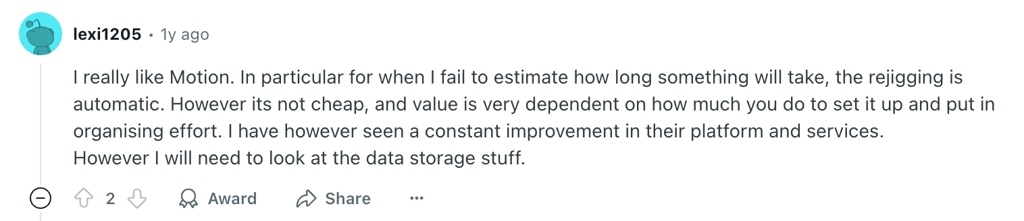 Reddit user's positive review on Motion AI