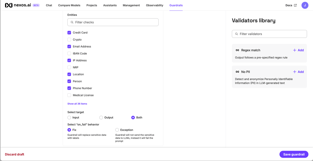 nexos guardrails settings