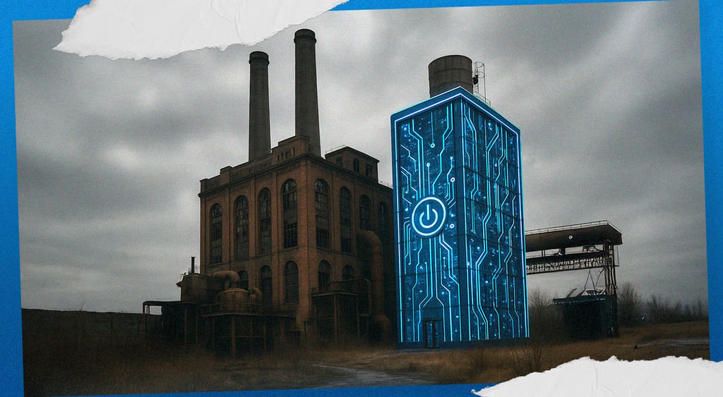 brown power plant, two chimney, grey sky, blue and white chip-like data centre with on button