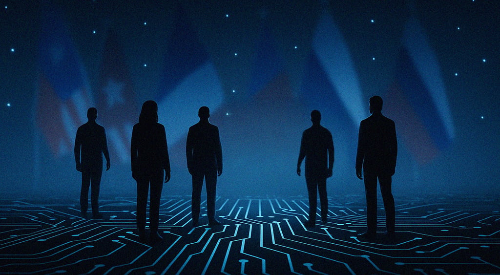 5 silluets of people looking nto stars and light beams,