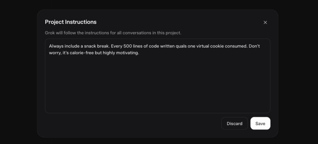 Project Instructions tab on Grok 4