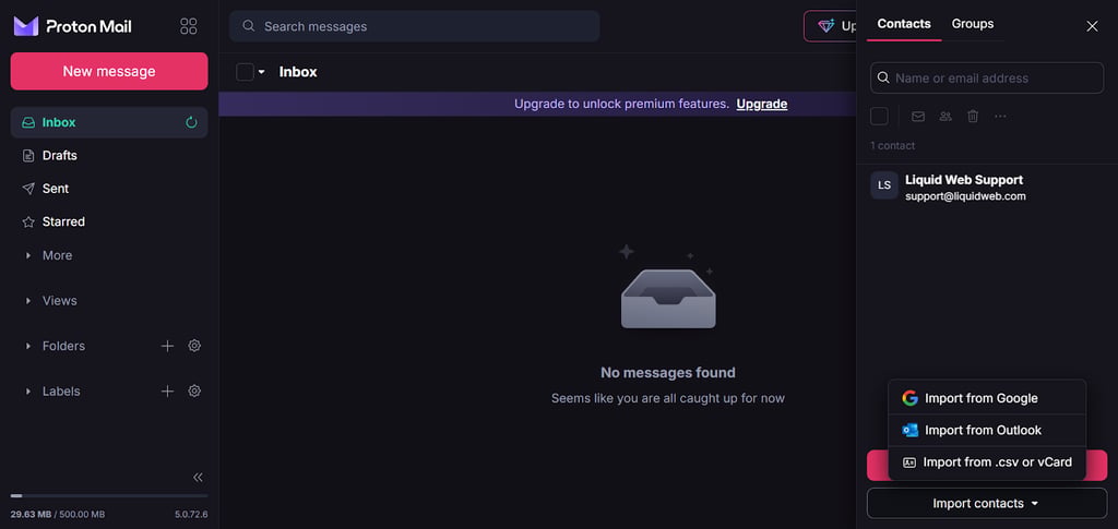 Proton Mail's contact import options