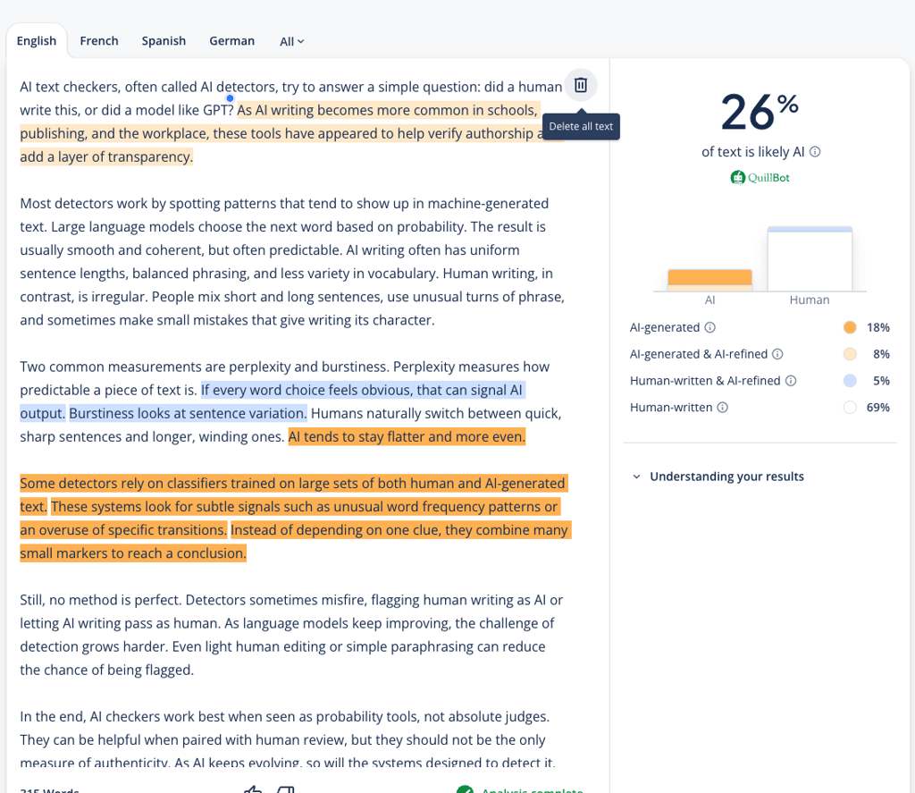 QuillBot test results after adjusting grammar and punctuation using AI