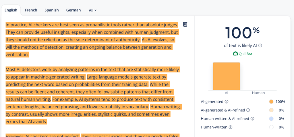 QuillBot test results after reordering information