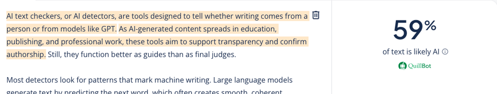 QuillBot test results after paraphrasing the text using AI