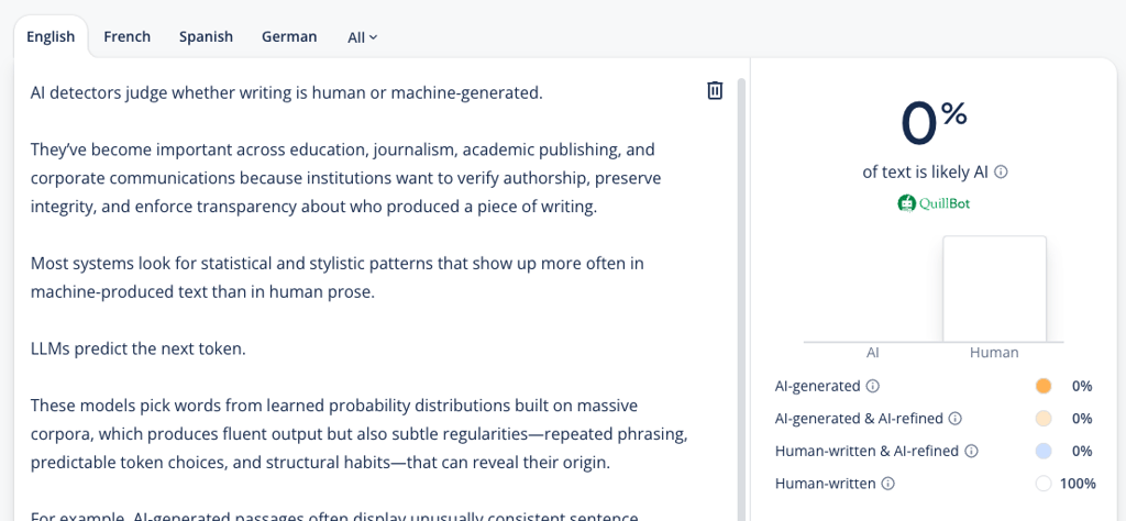 QuillBot test results after content expansion/shortening