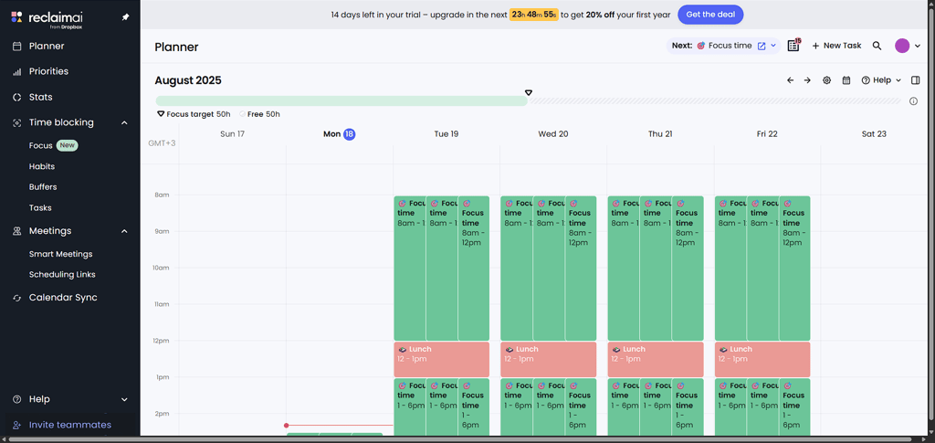 Reclaim planner screen