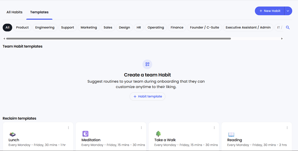 Reclaim Habits screen