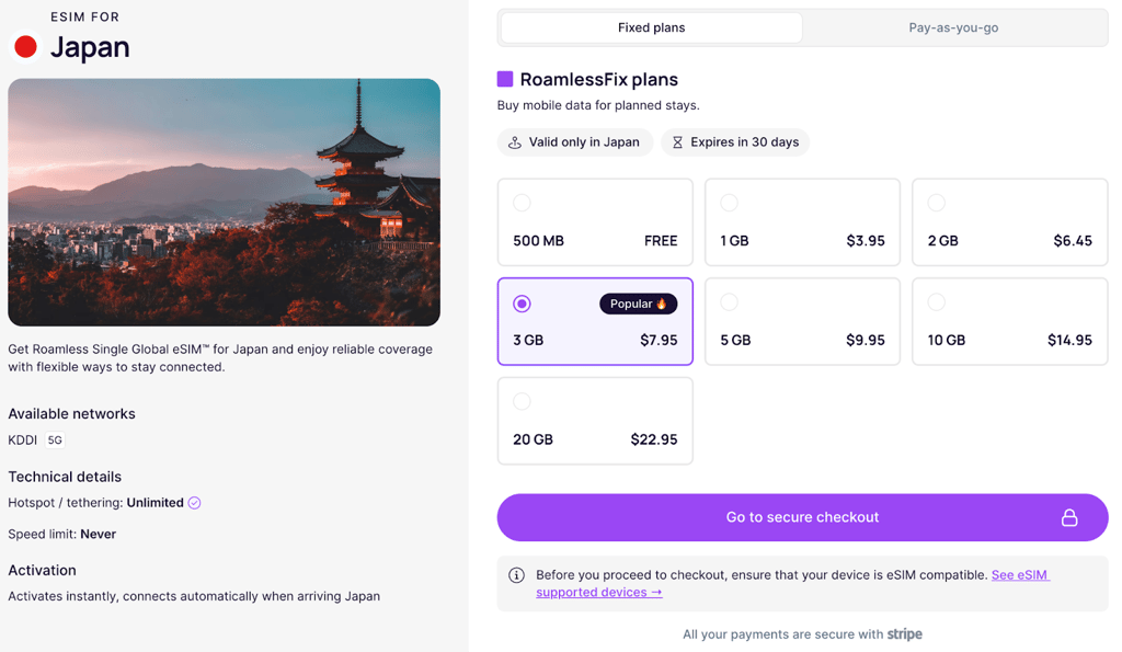 Roamless eSIM pricing Japan