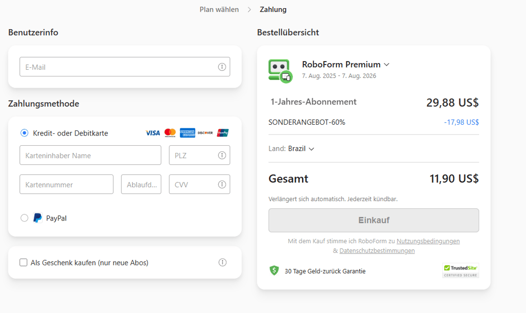 Roboform payment screen in DE