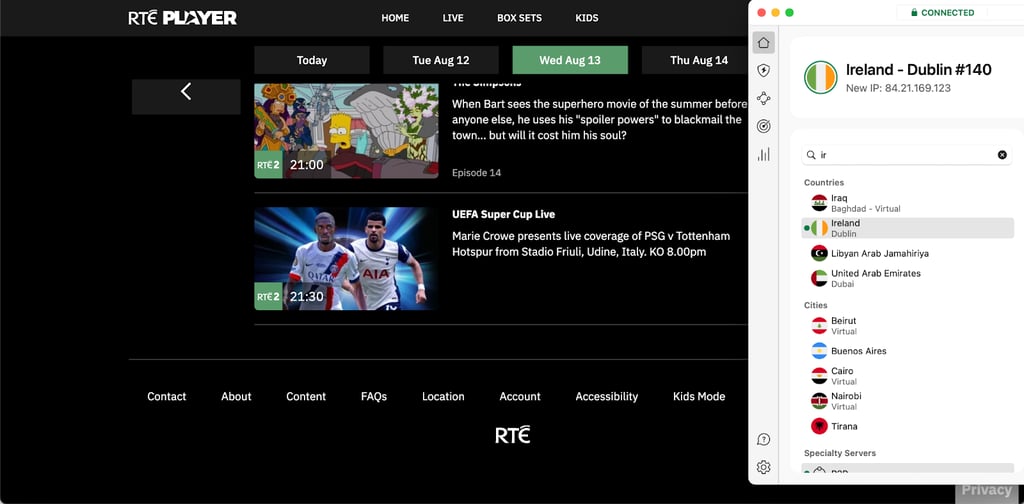 rte livestream with nordvpn