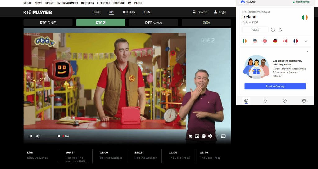 RTE 2 unlocked with NordVPN
