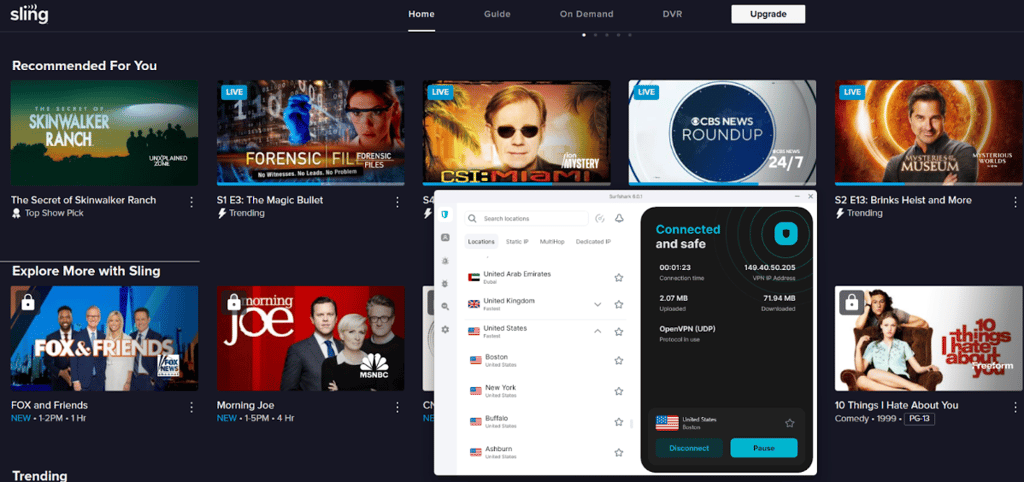 Streaming Sling TV with Surfshark connected to a US server