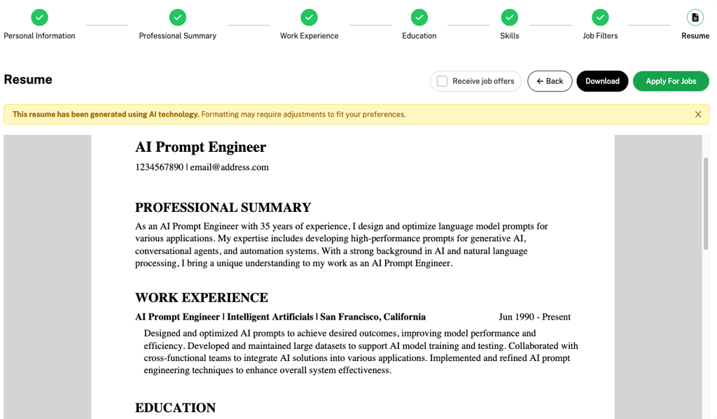 Smart Applier creating a resume