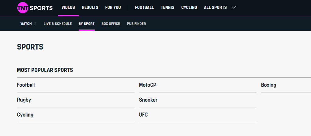 Sports selection on TNT Sports (former BT Sport)