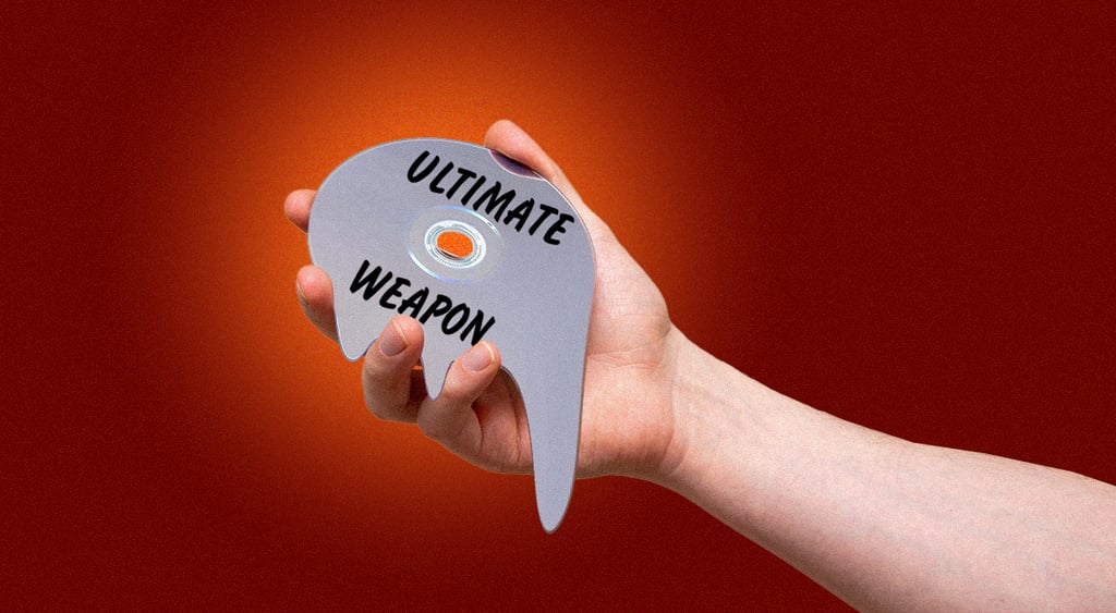 white hand, silver cd melting, ultimate weapon sign, red background