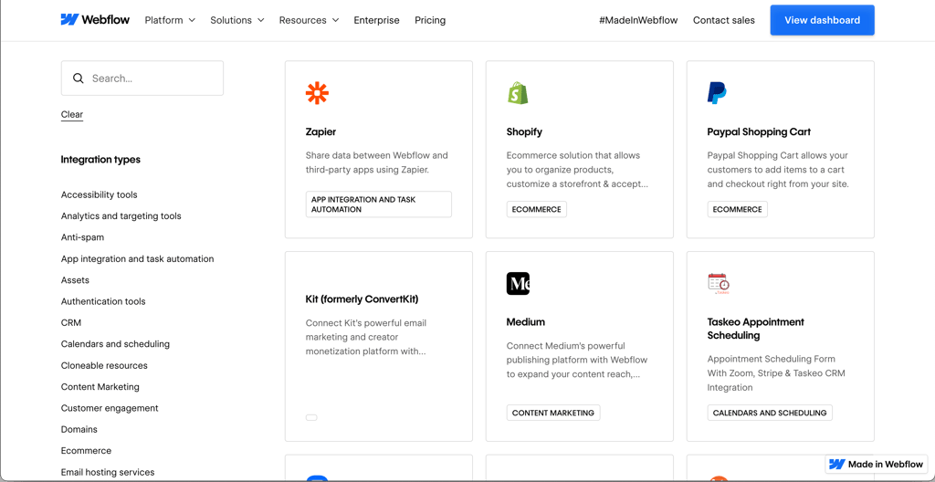 Webflow's integration gallery