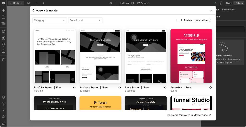 Webflow's selection of templates