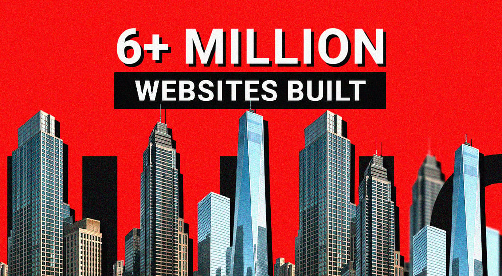 city, tall blue glass buildings, red background, 6+ websites