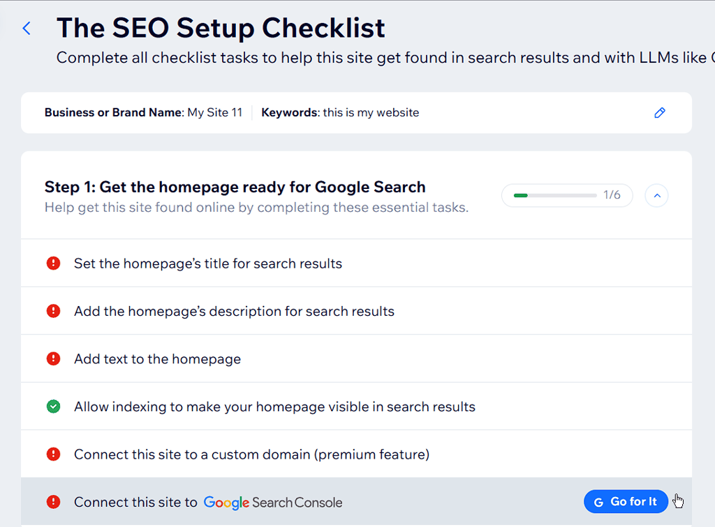 wix SEO setup checklist